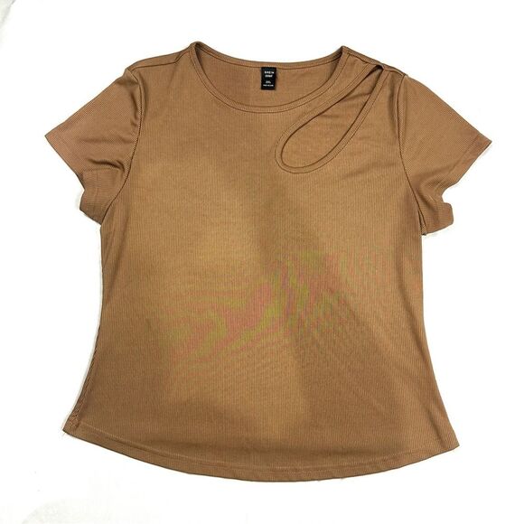 SHEIN Curve Women's Brown Short Sleeve Solid Cut Out Ribbed Tee Plus Sz 2XL EUC - Picture 2 of 12